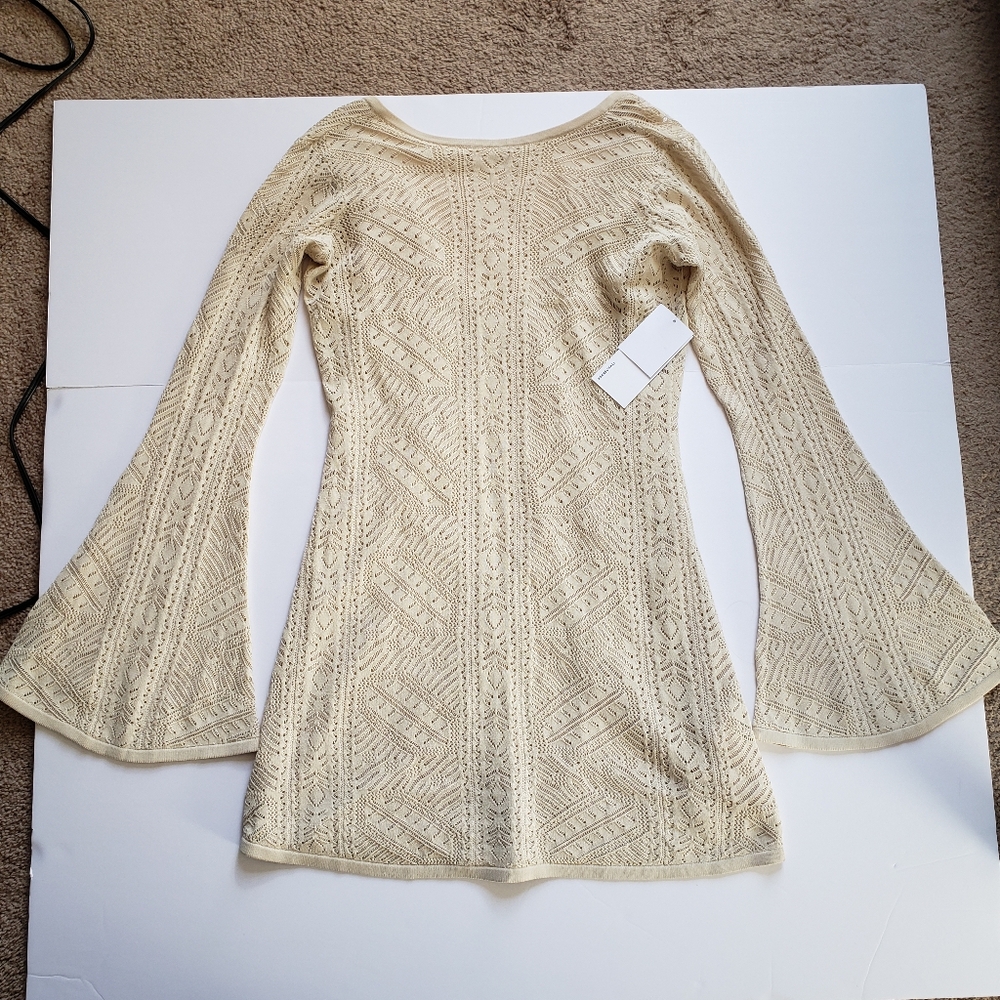 Justfab Cream Crochet Shift Dress Flare  Long Sleeves. Size S. Boho, Cowgirl.